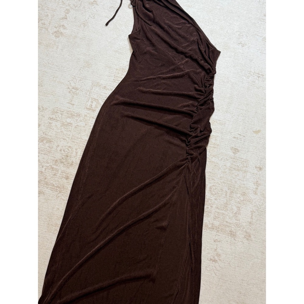 RNWY Brown One Shoulder Ruched Maxi Dress Side Slit Metallic Slinky M US 6 - Picture 2 of 10